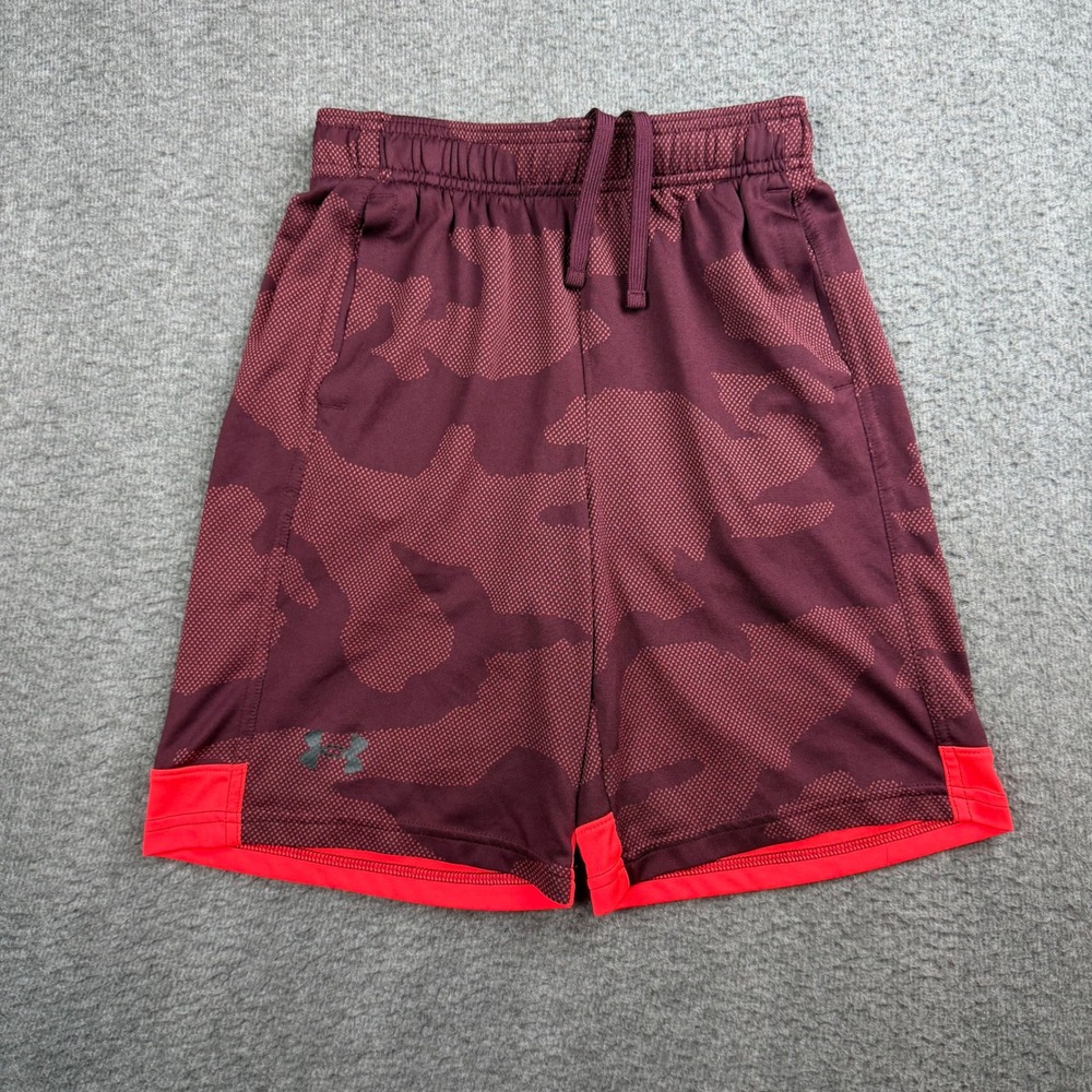 Under Armour Shorts‎ Boys Medium Maroon Red Camo Athletic Loose Fit Gym Pockets